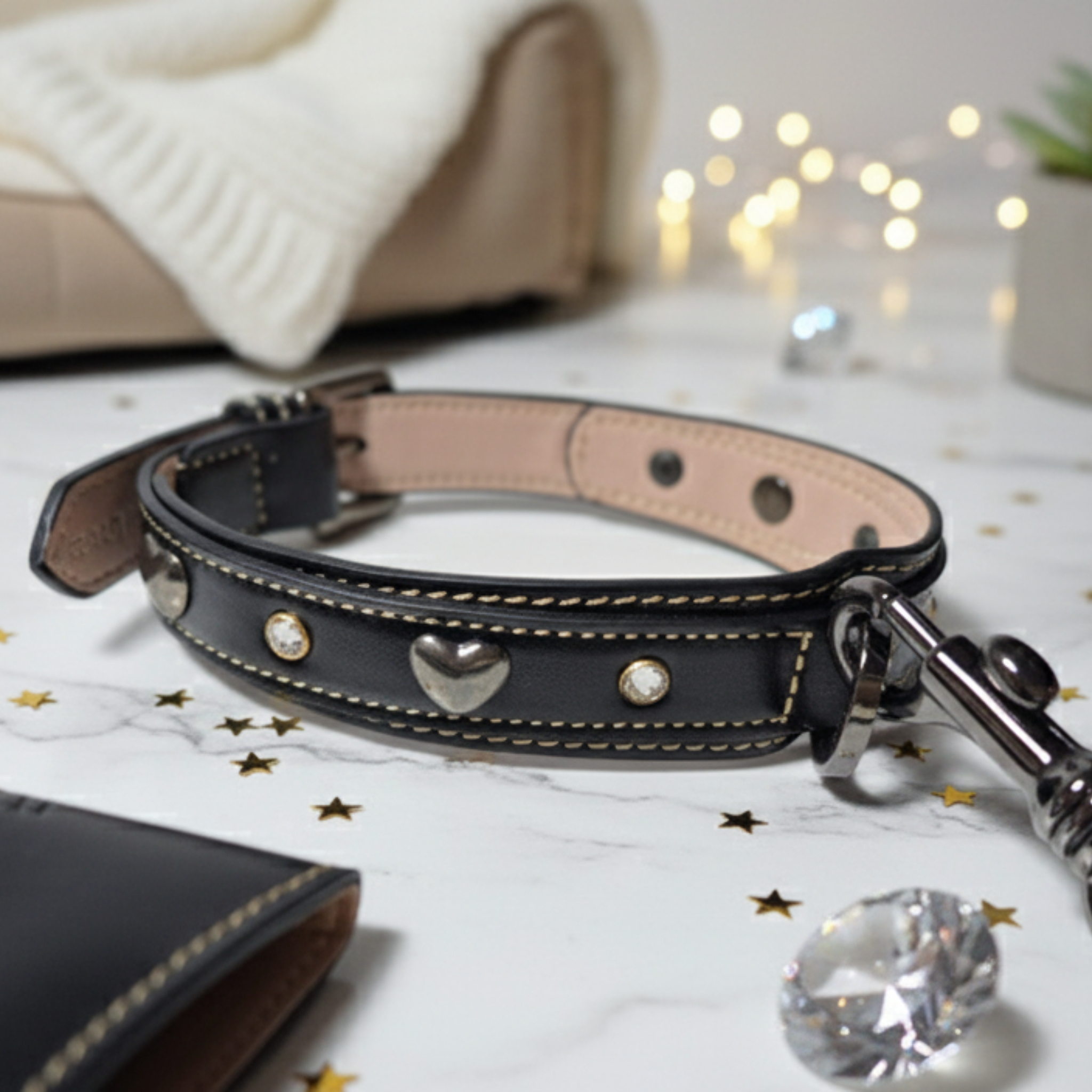 Set Collare con Cristalli e Guinzaglio in Pelle per Cani